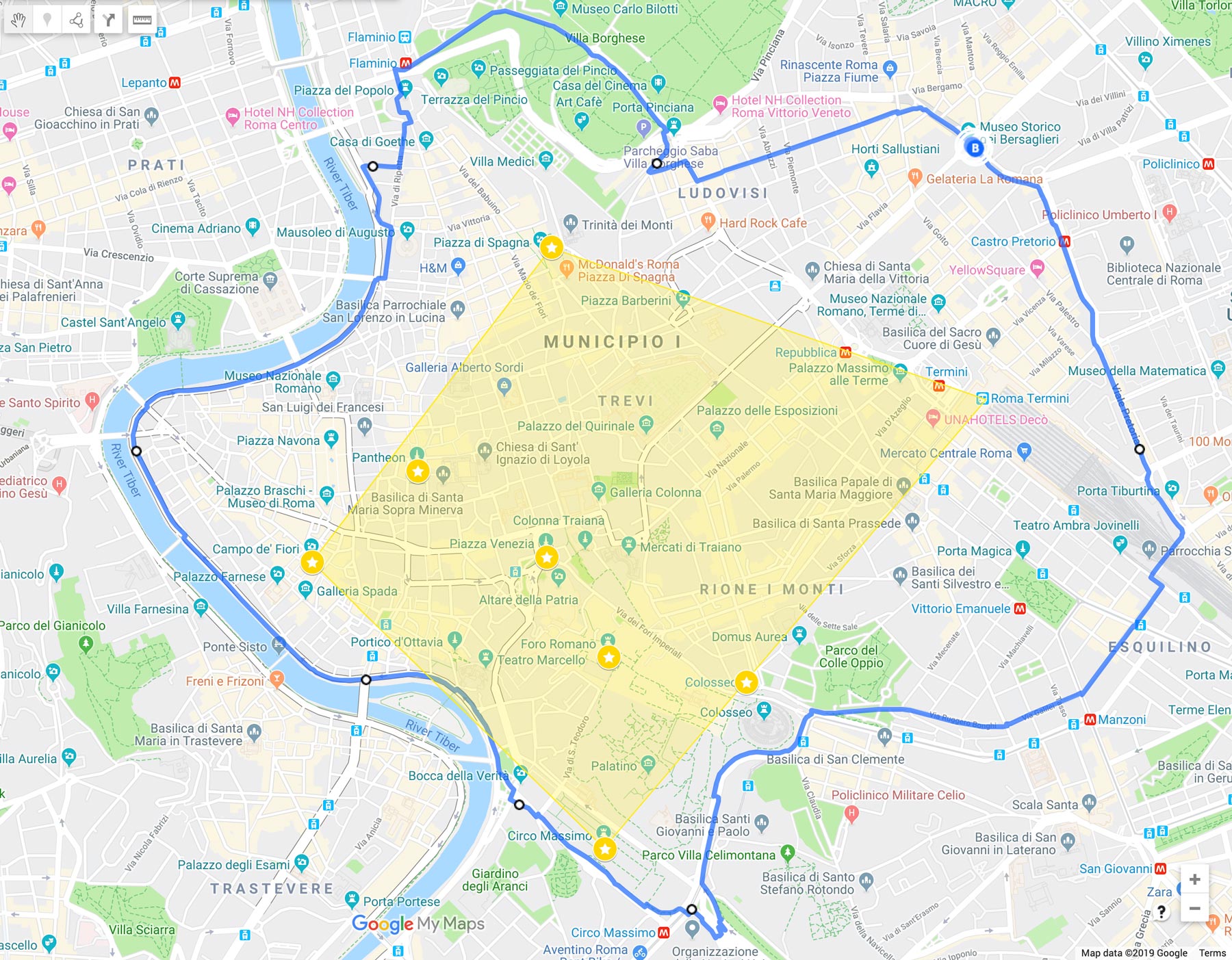 our optimal Rome hotel search area marked on a map